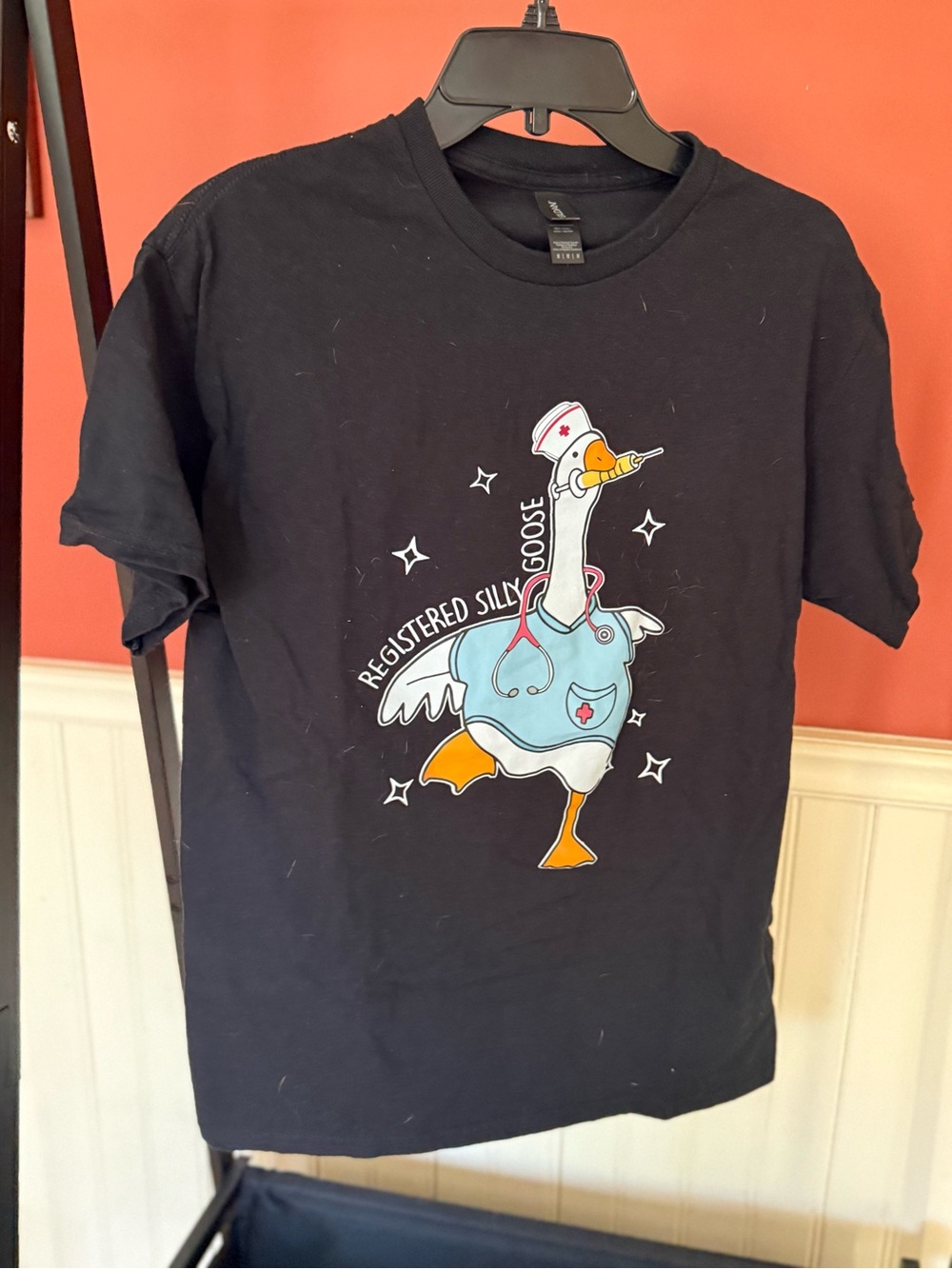 Gildan Black Tee with Nurse Goose Graphic and Blue Scrubs